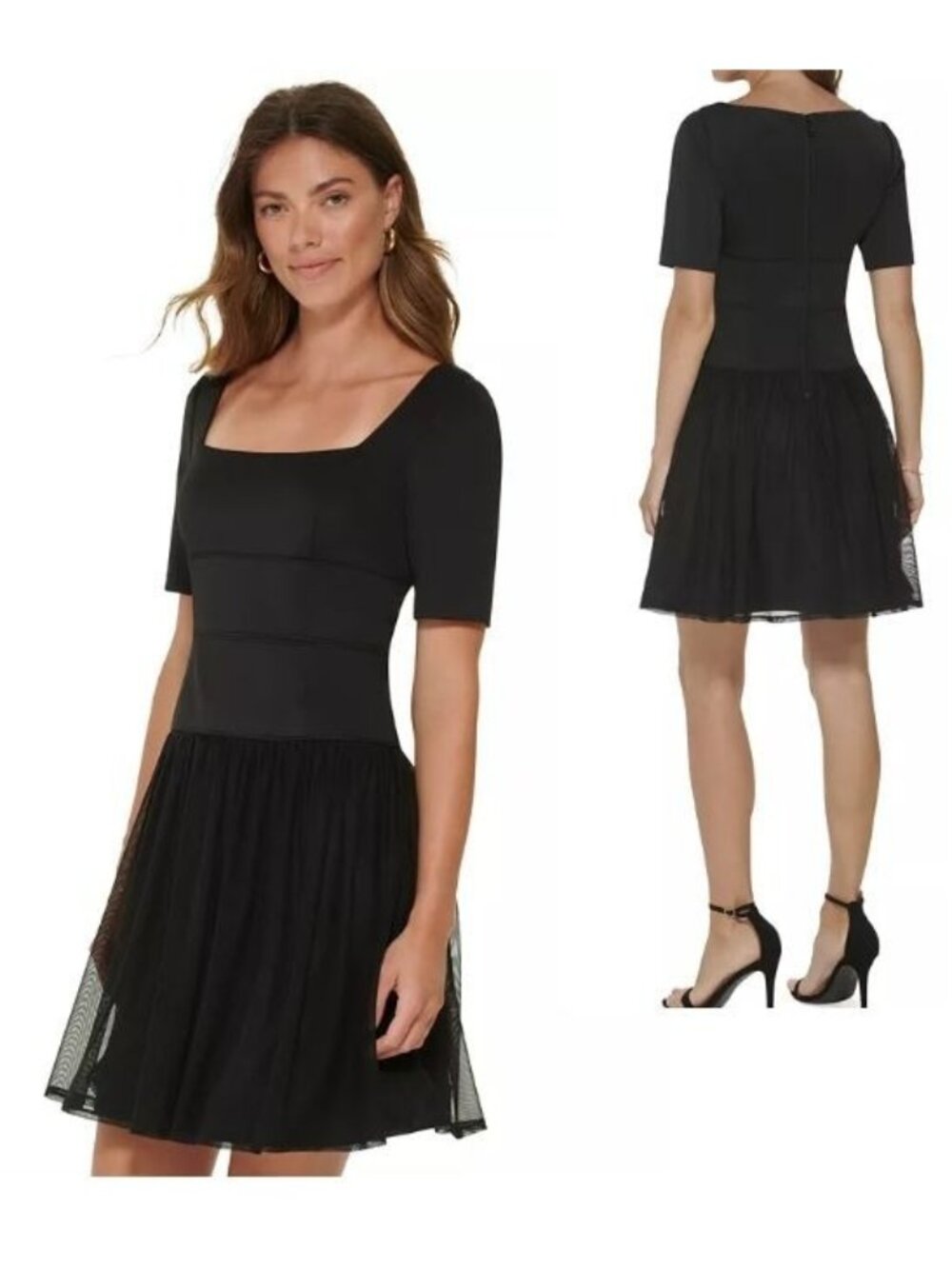 DKNY Solid Square-Neck Mixed-Media Short-Sleeve Dress, Black, Sz. 4